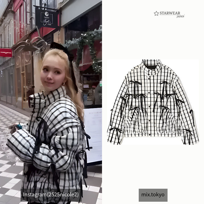 2way Checkered Ribbon Puffer Jacket