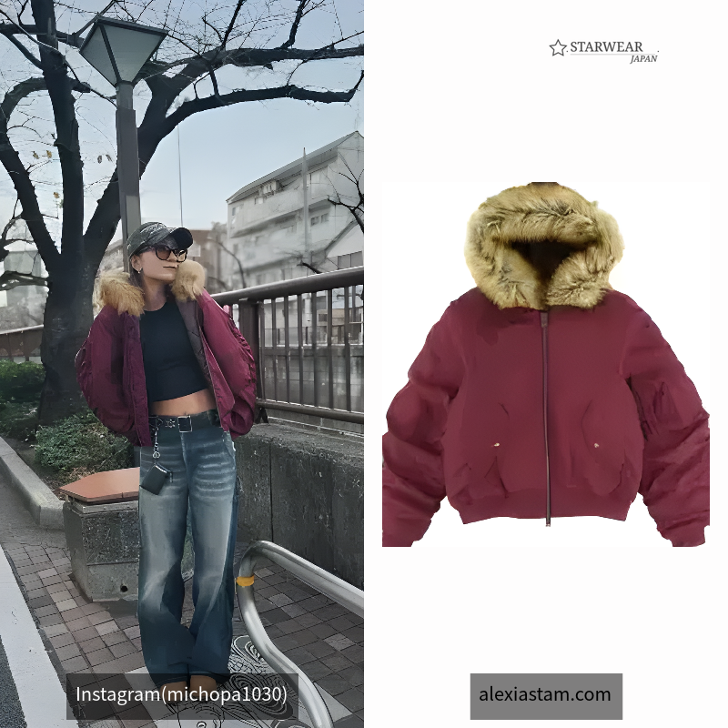 Fur Hooded Bomber Jacket Burgundy
