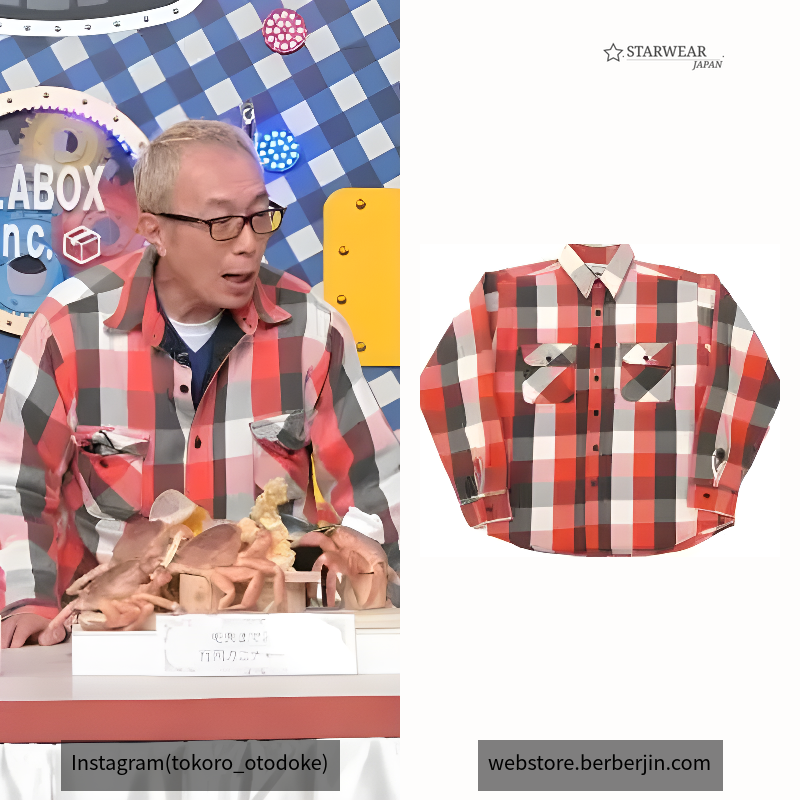 白×黒×赤ブロックチェック フランネルシャツ