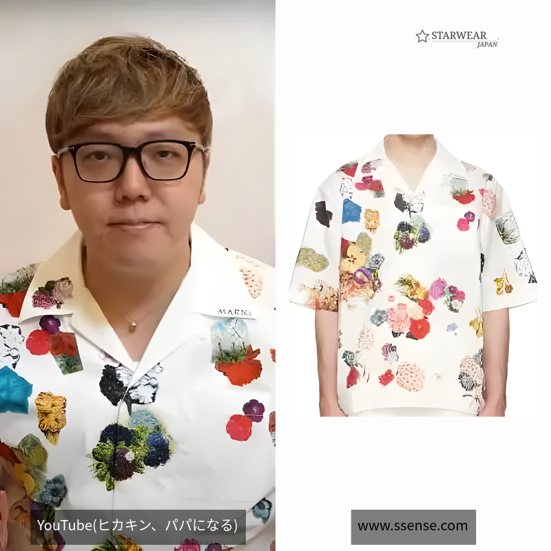 ホワイト ポプリン製ボーリングシャツ、フラワープリント