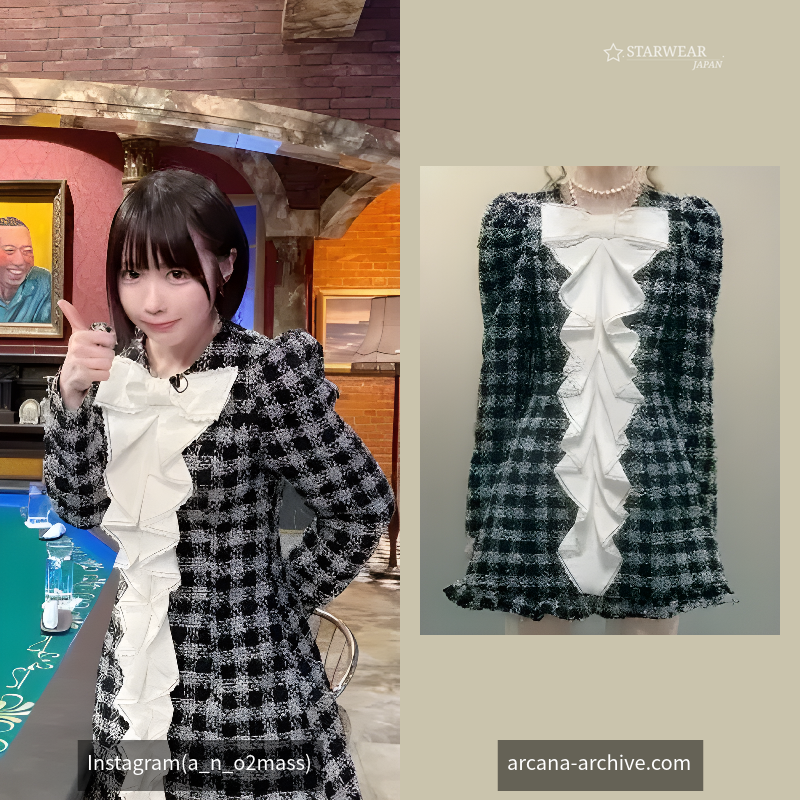 Plaid Oversized Bow Lace Puff Sleeve Tight Dress