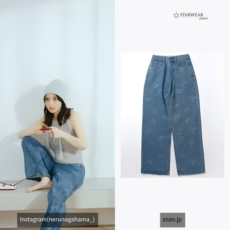 リボンプリント ハイウエスト ワイド デニムパンツ