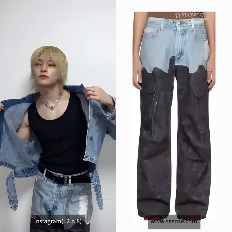 FAUX-DENIM & SCRATCH LEATHER PRINTED CARGO-PANTS